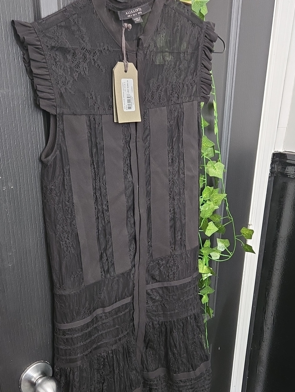 AllSaints Black Lace Tiered Midi Dress with Ruffle Shoulders - Picture 4 of 6